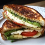 Creamy avocado, mozzarella, and tomato grilled cheese sandwich with golden, crispy bread.