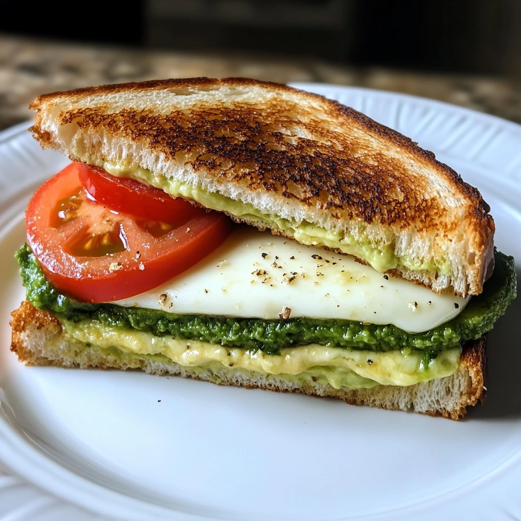 Avocado, mozzarella, and tomato grilled cheese served with a side of fresh salad and a drizzle of balsamic glaze.