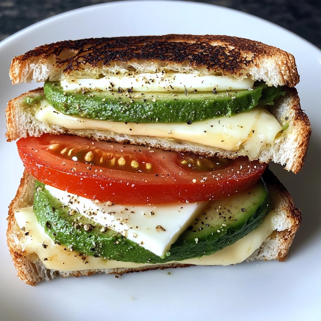 Gooey, melted mozzarella stretching between two slices of grilled bread with fresh avocado and tomato.