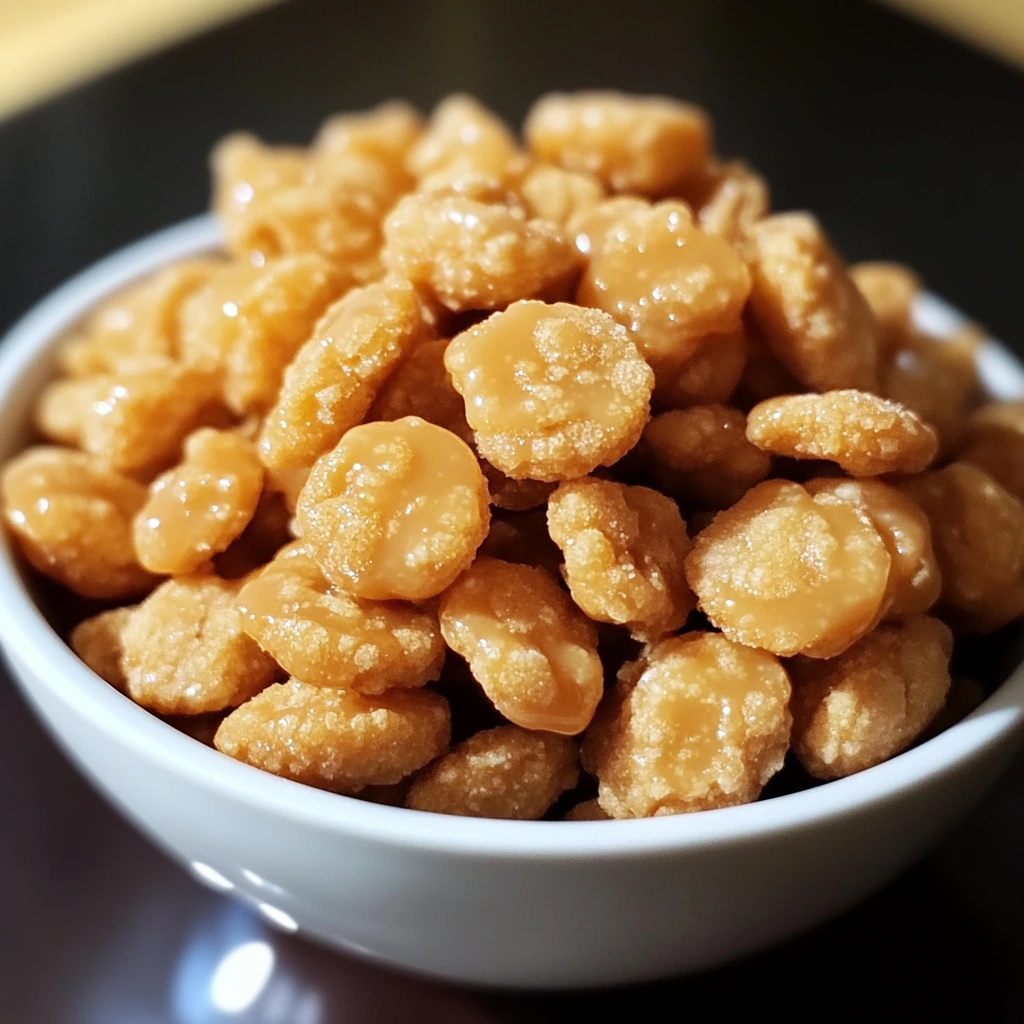 Close-up of sweet and salty Caramel Crunch Oyster Crackers with a crispy texture.