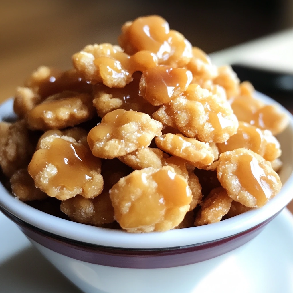 Caramel Crunch Oyster Crackers on a baking sheet with a golden caramel coating.
